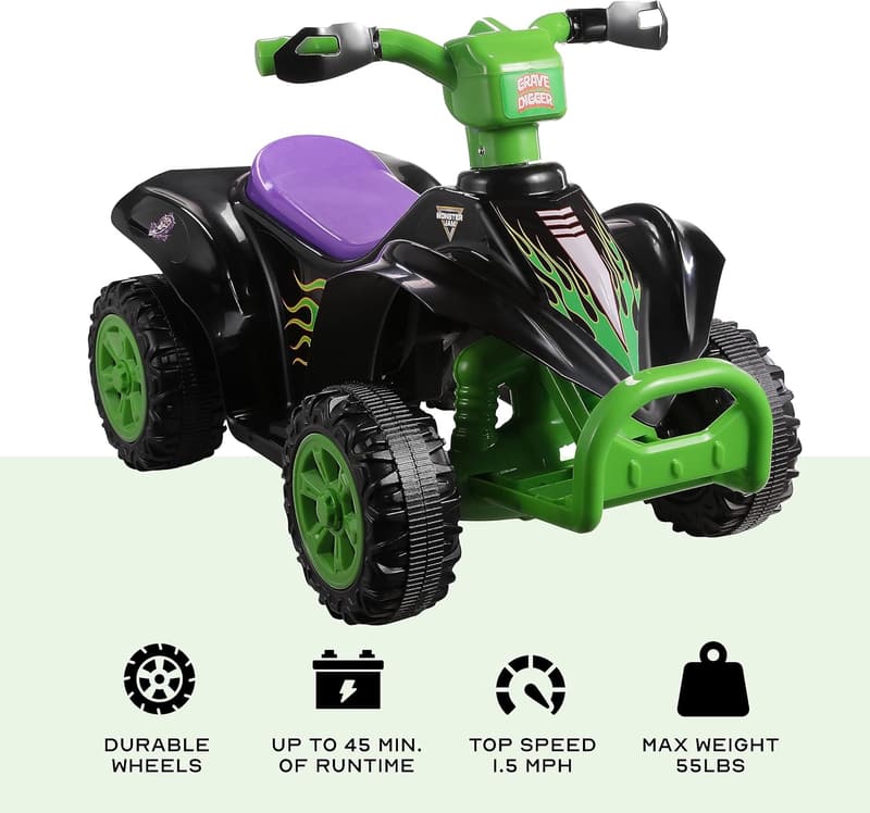 Kids' 6V Monster Jam ATV Ride-On Toy - Safe, Rechargeable, 55 LBS