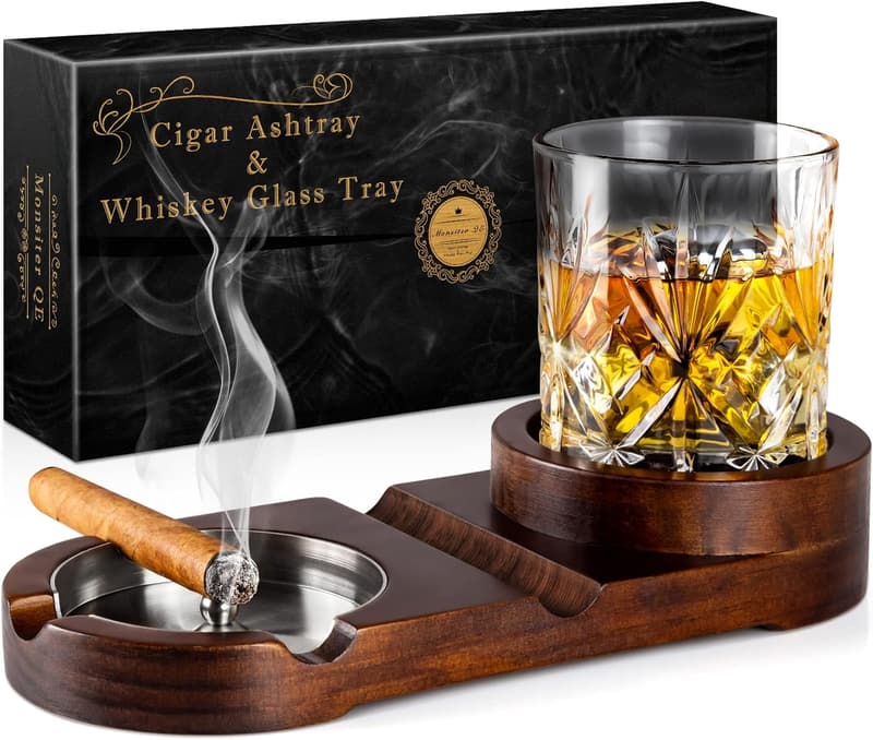 Wooden Cigar Ashtray & Whiskey Glass Tray for Men