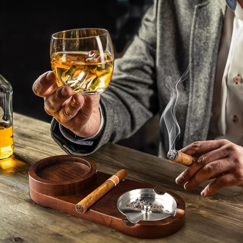 Wooden Cigar Ashtray & Whiskey Glass Tray for Men