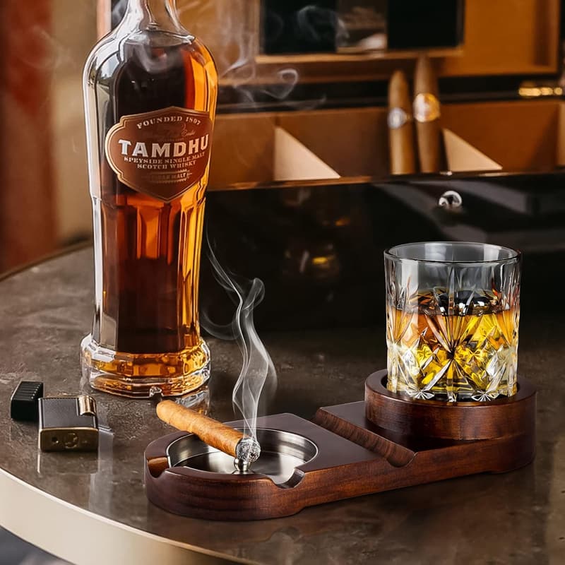Wooden Cigar Ashtray & Whiskey Glass Tray for Men