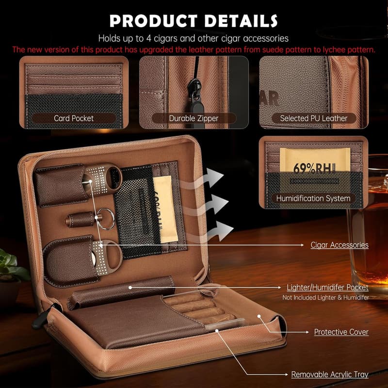 Portable Leather Cigar Humidor Gift Set with Accessories