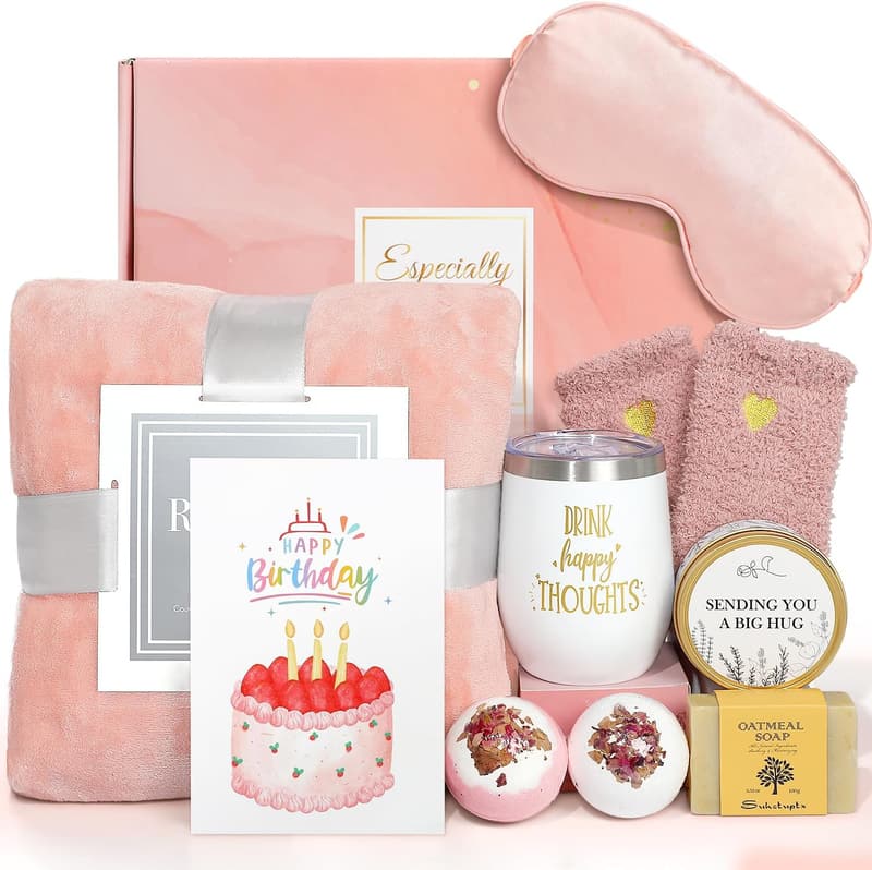 Birthday Spa Gift Basket with Luxury Flannel Blanket for Her