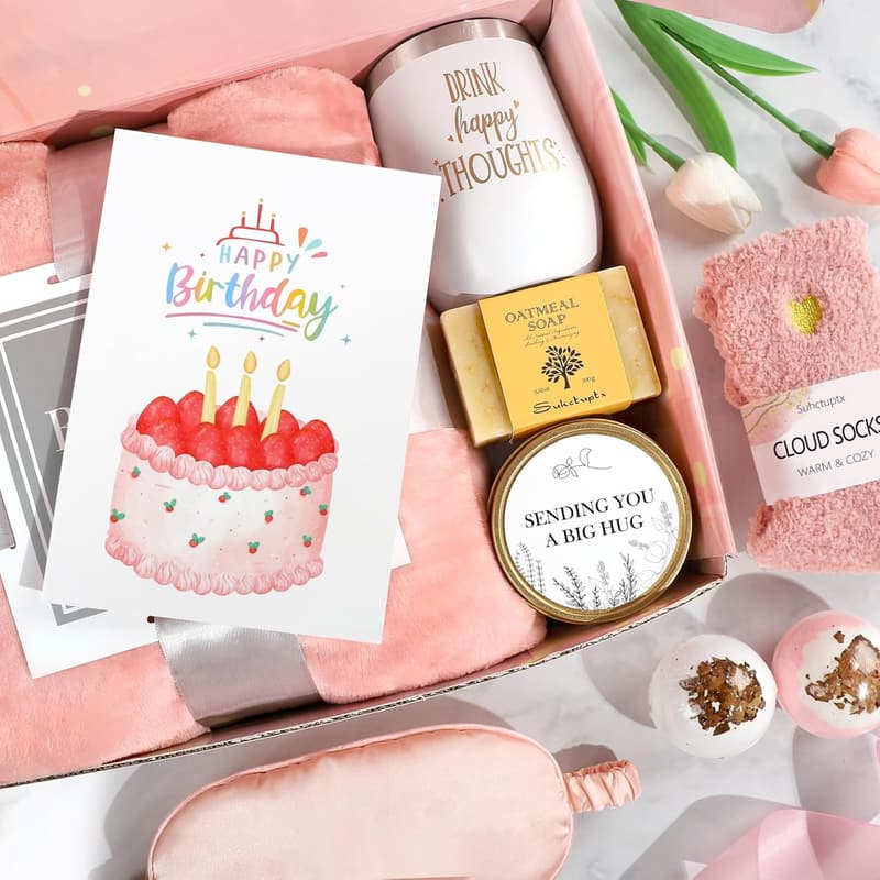 Birthday Spa Gift Basket with Luxury Flannel Blanket for Her