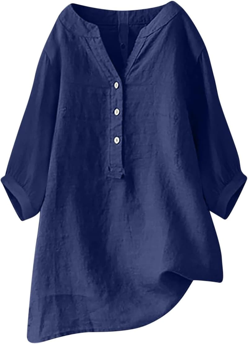 Women's Summer Linen V-Neck 3/4 Sleeve Casual Blouse