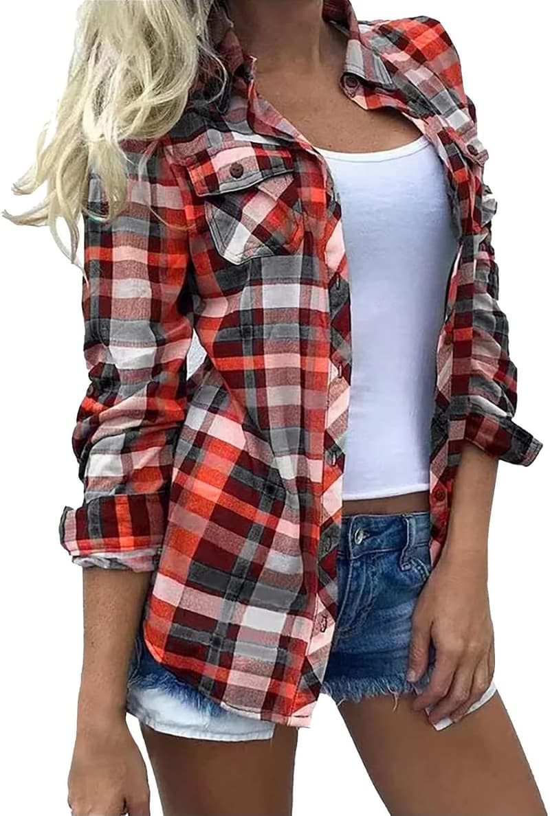 Spring Summer Women's Casual Plaid Lightweight Shacket Blouse