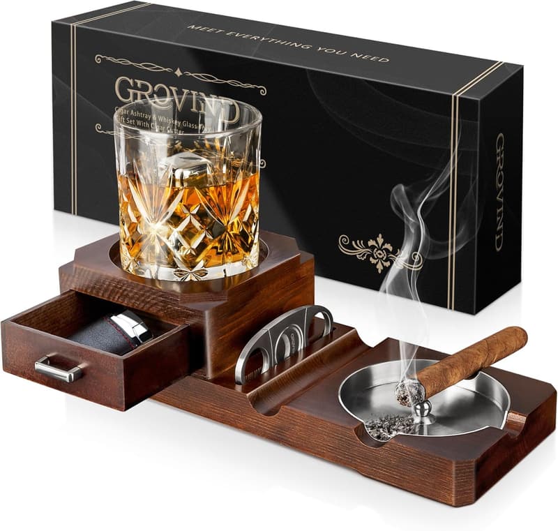 Cigar Ashtray & Whiskey Glass Tray Gift Set for Men