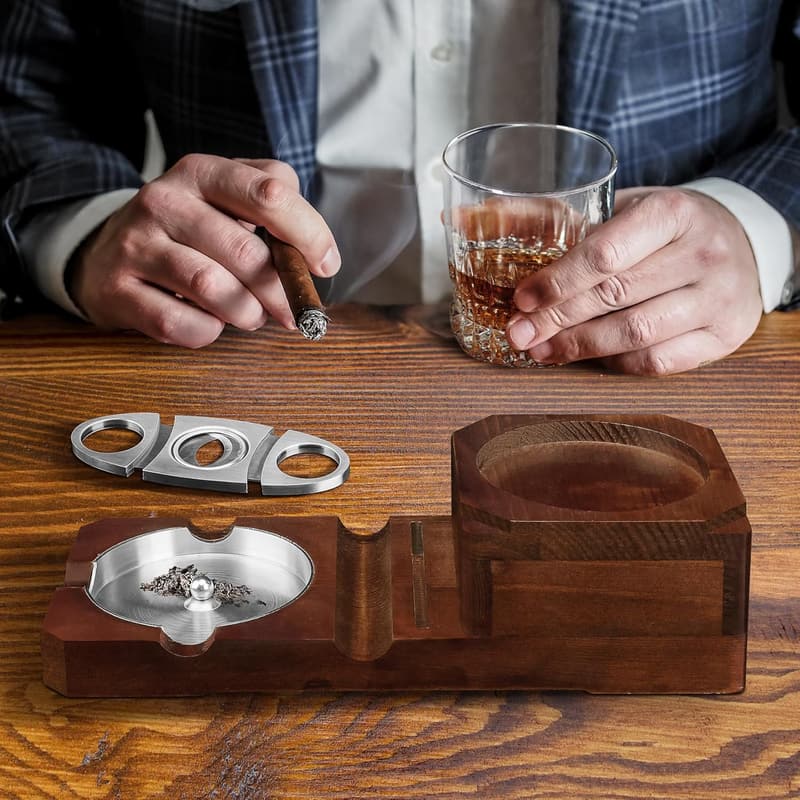 Cigar Ashtray & Whiskey Glass Tray Gift Set for Men