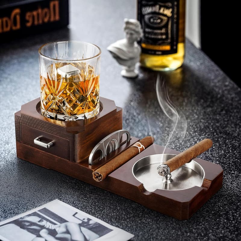 Cigar Ashtray & Whiskey Glass Tray Gift Set for Men