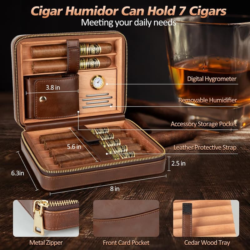 Travel Cigar Humidor Set with Leather Case & Accessoires