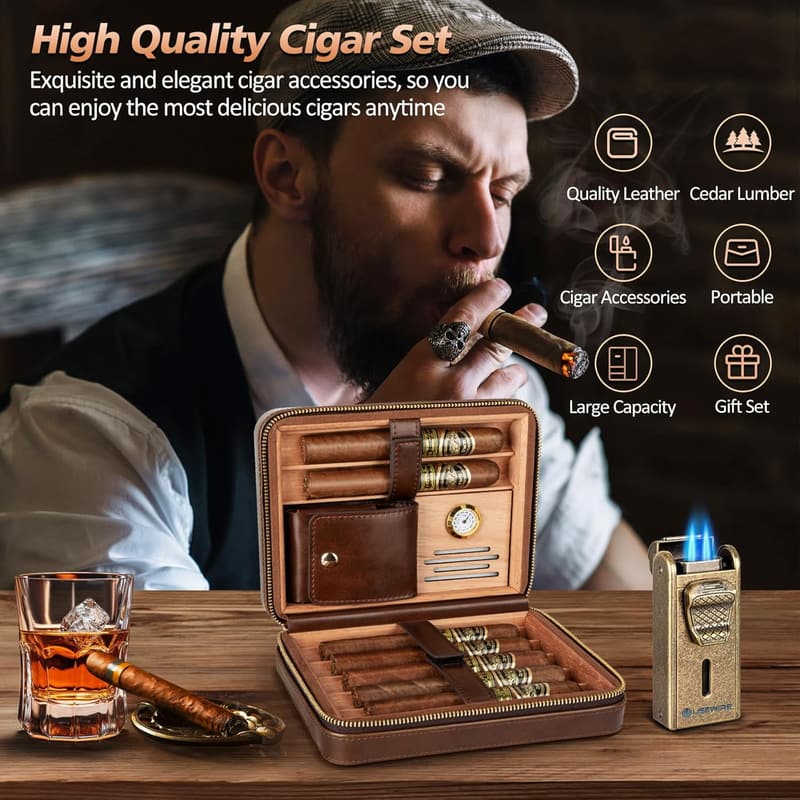 Travel Cigar Humidor Set with Leather Case & Accessoires