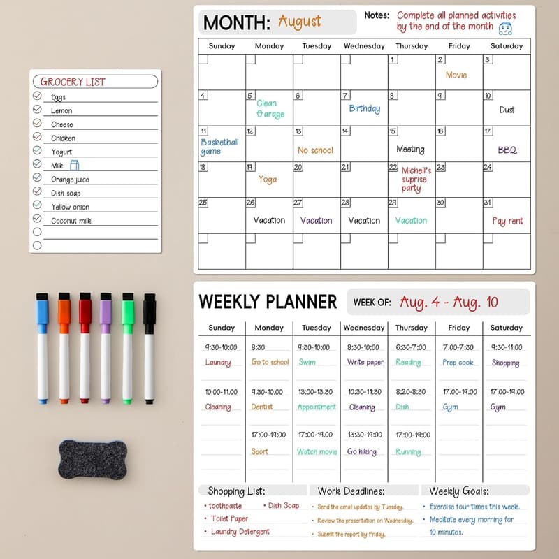 Magnetic Dry Erase Calendar Set for Refrigerator - 3 Pack