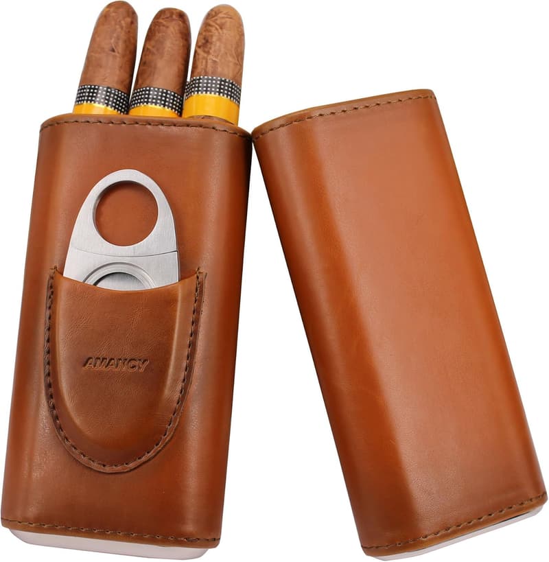 Premium Brown Leather Cigar Case with Cedar Lining & Cutter