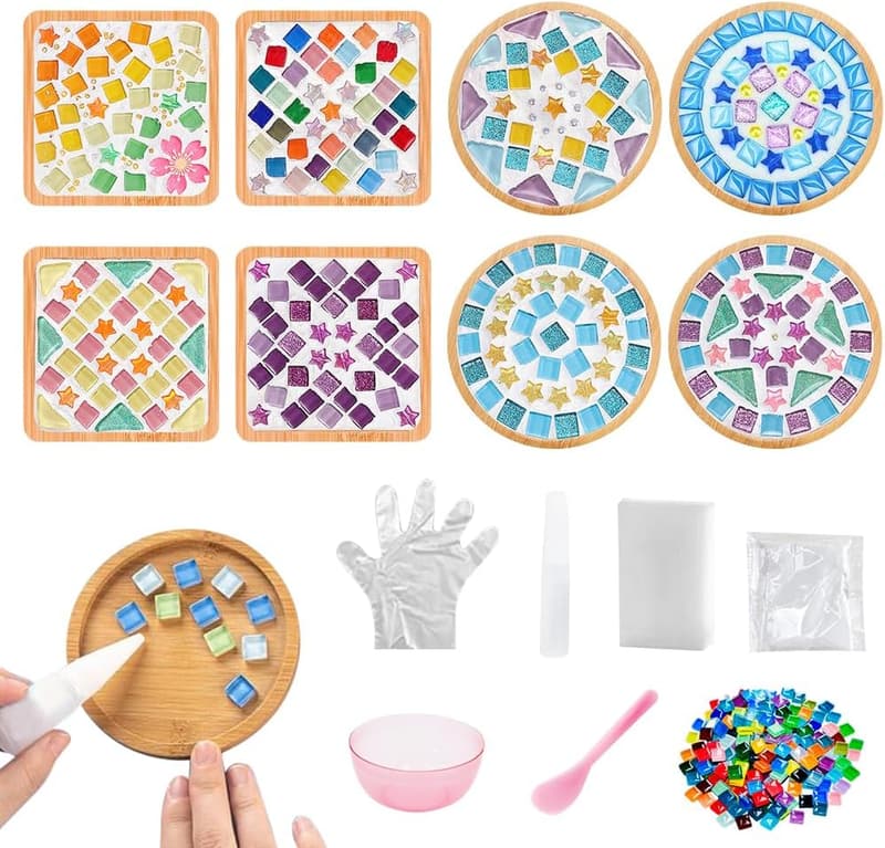 DIY Mixed Color Glass Mosaic Kits with Wooden Coaster Set