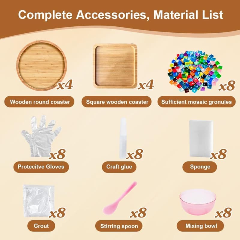 DIY Mixed Color Glass Mosaic Kits with Wooden Coaster Set