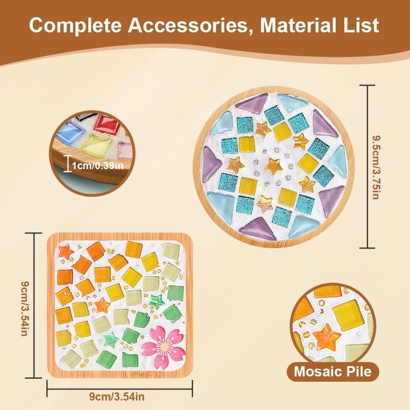 DIY Mixed Color Glass Mosaic Kits with Wooden Coaster Set