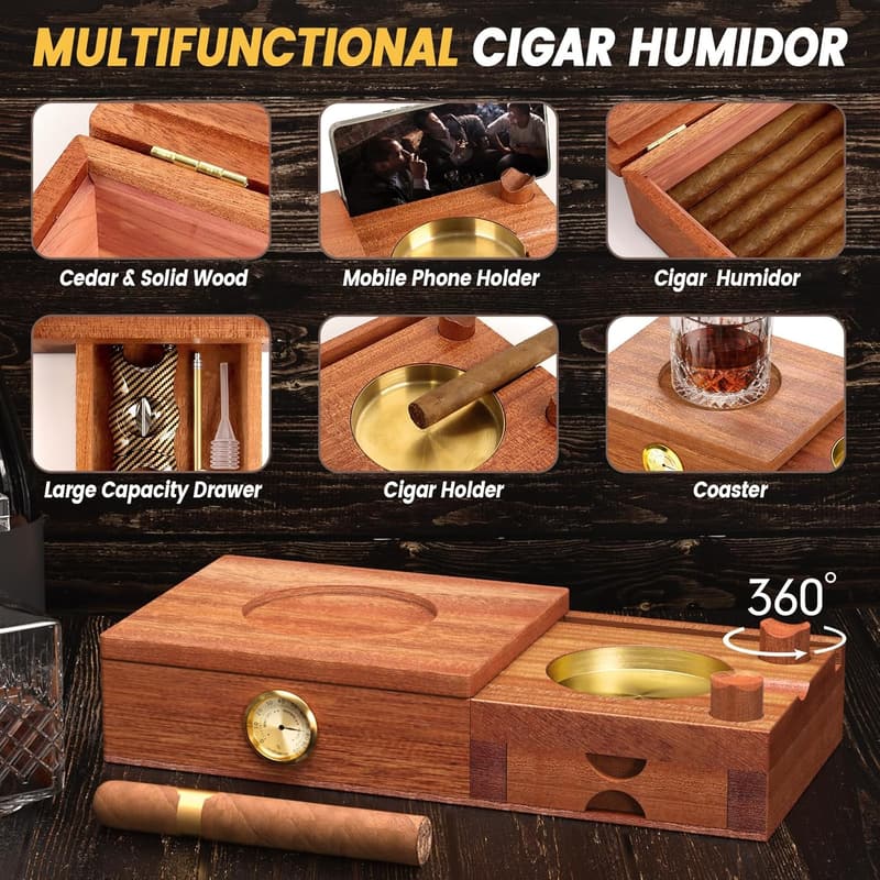 Cedar Wood Cigar Humidor Set with Accessories - Gift for Men