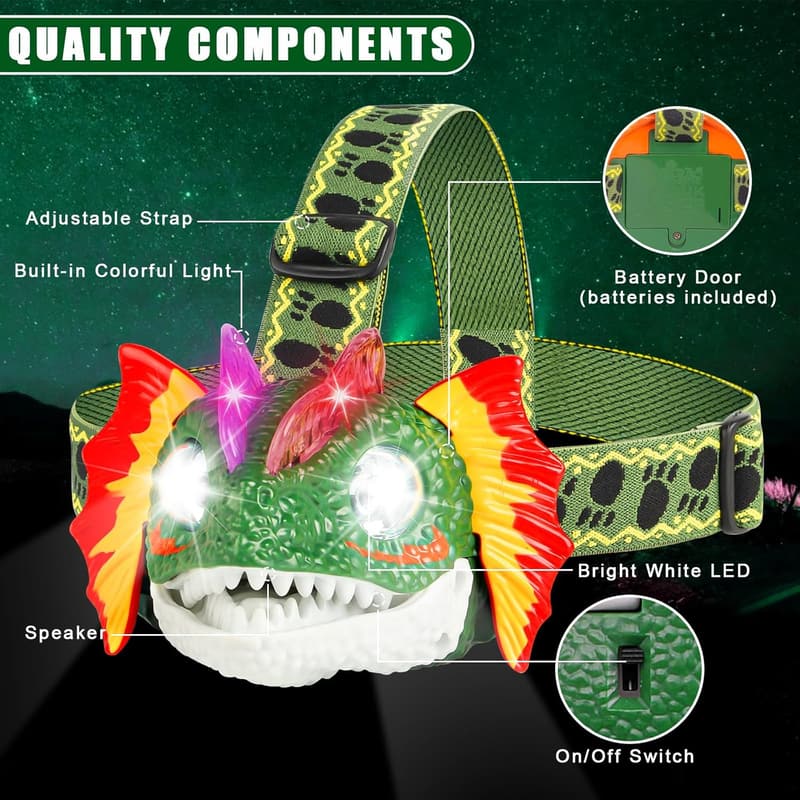 Dinosaur Headlamp LED for Kids - Birthday & Holiday Gift
