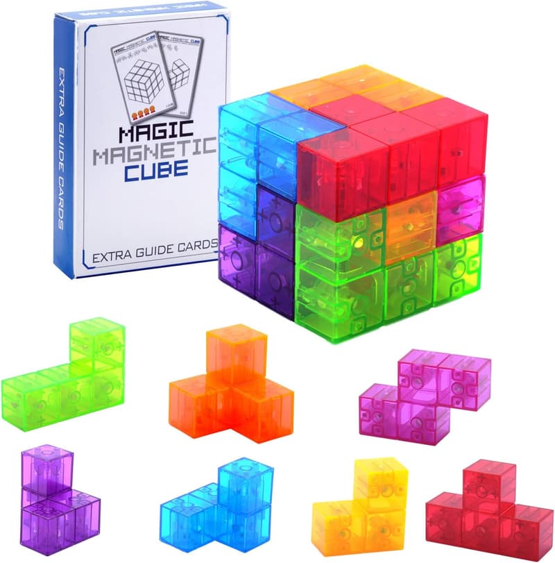 Kids Magnetic Building Blocks Set - 7 Shapes with 54 Guide Cards