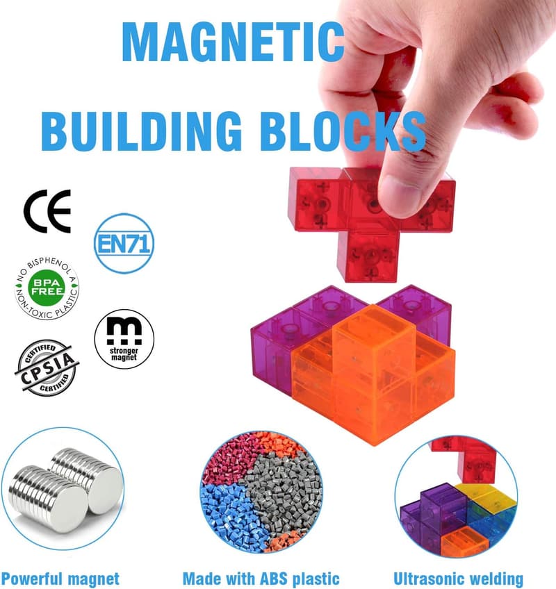 Kids Magnetic Building Blocks Set - 7 Shapes with 54 Guide Cards