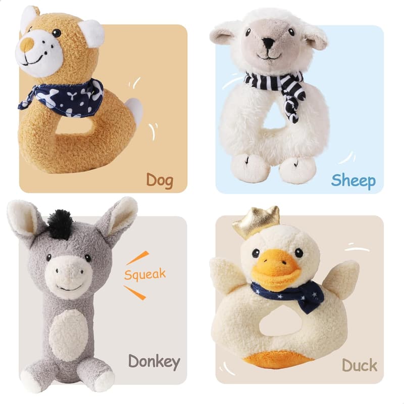 Infant Soft Farm Animal Rattles - Newborn Gift for Boys & Girls