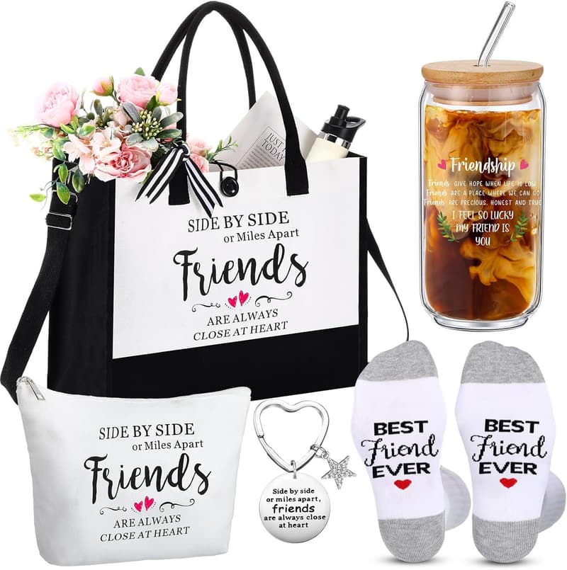 Bestie Appreciation Gift Set for Women - Tote, Cup, Socks, Keychain