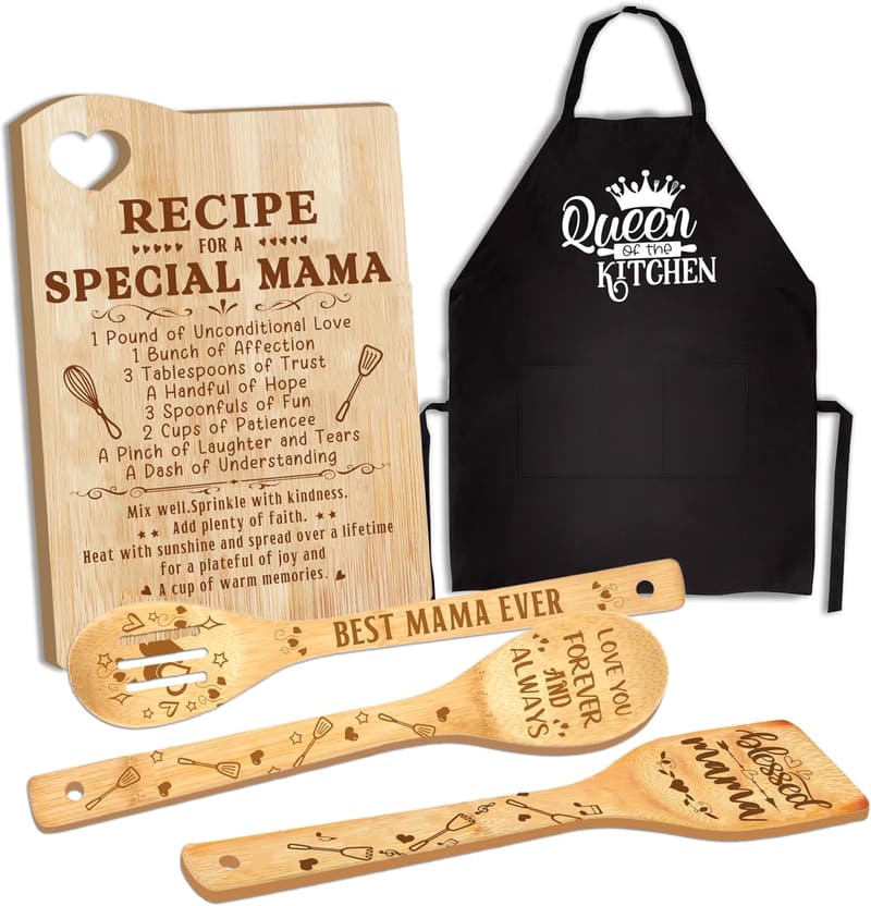 Mother's Day Wooden Cutting Board Set with Utensils & Apron