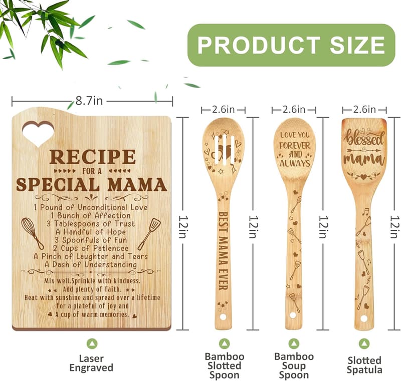 Mother's Day Wooden Cutting Board Set with Utensils & Apron