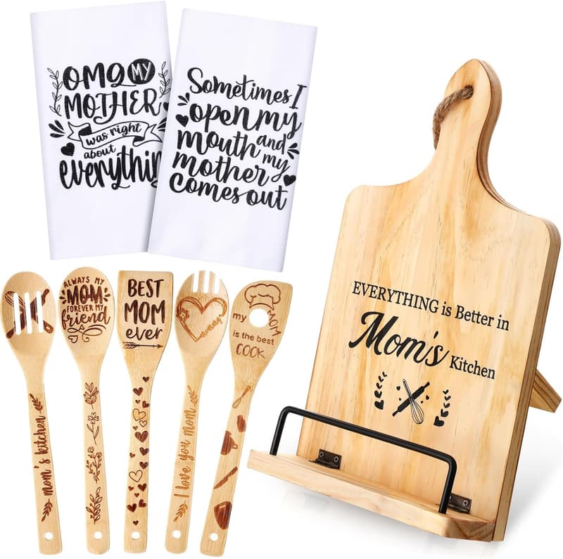 Mother's Day Kitchen Gift Set: Cookbook Stand, 5 Wooden Spoons, 2 Towels
