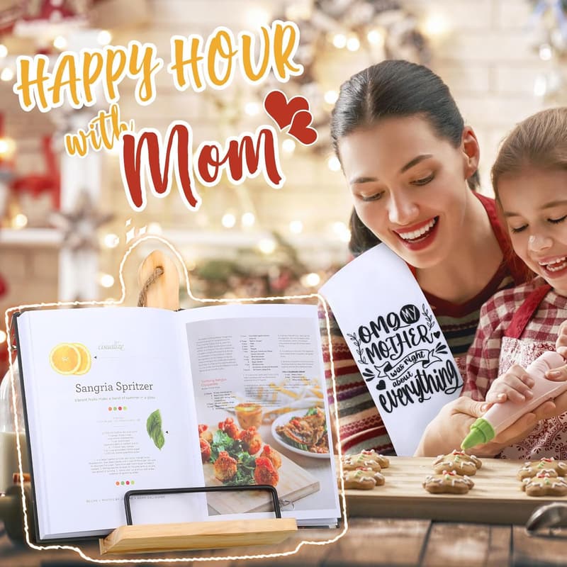 Mother's Day Kitchen Gift Set: Cookbook Stand, 5 Wooden Spoons, 2 Towels