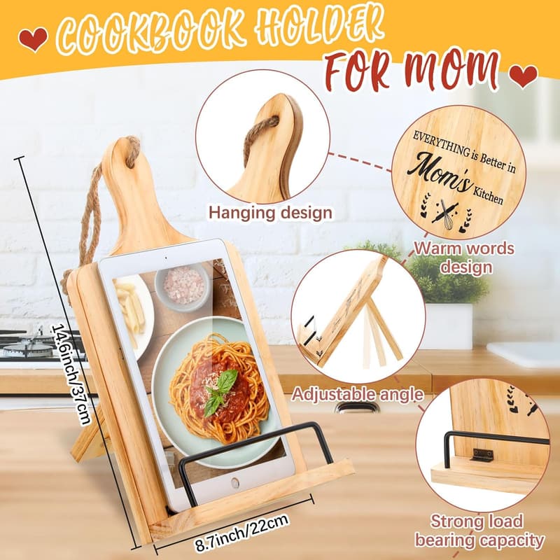 Mother's Day Kitchen Gift Set: Cookbook Stand, 5 Wooden Spoons, 2 Towels