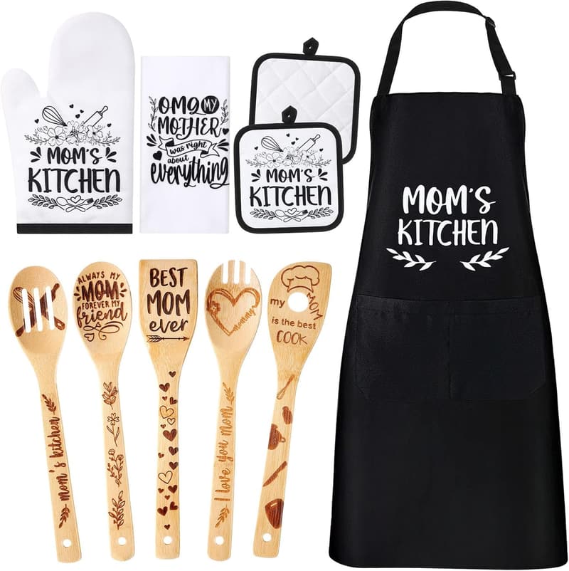 Mom's Birthday Gift Set: Cotton Apron & Bamboo Cooking Tools