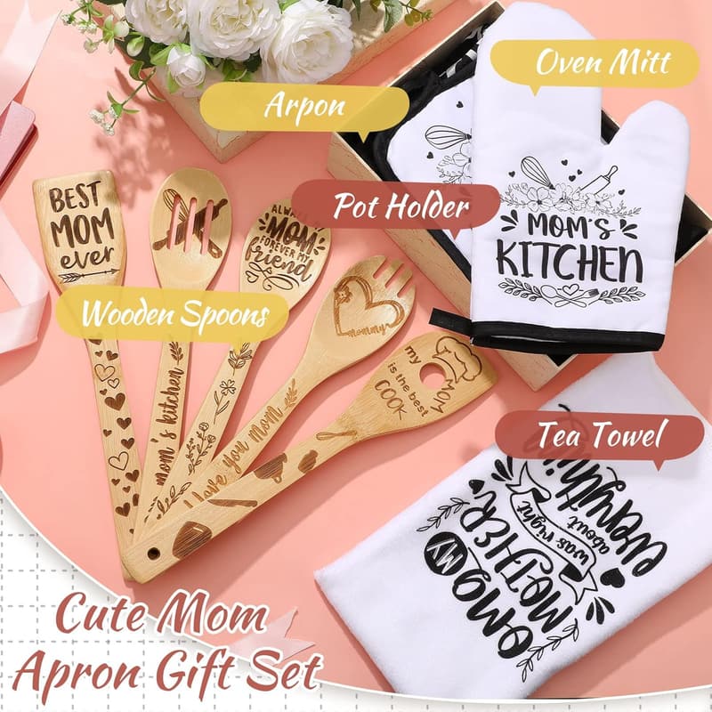 Mom's Birthday Gift Set: Cotton Apron & Bamboo Cooking Tools