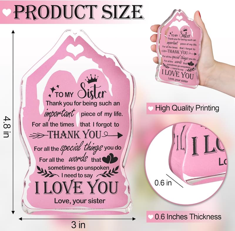 Mother's Day Acrylic Plaque for Sister – 5 x 3 Inch Decor