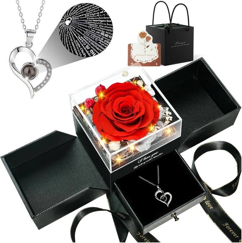 Mother's Day Heart Necklace with Preserved Red Rose