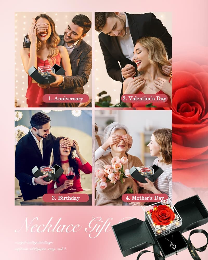 Mother's Day Heart Necklace with Preserved Red Rose