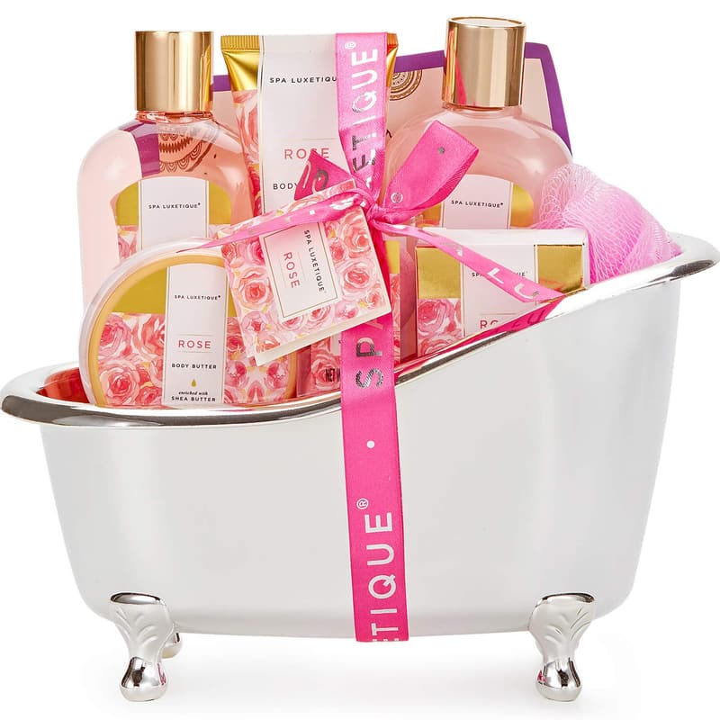 Birthday Spa Gift Set for Women - 8-Pcs Rose Bath Basket