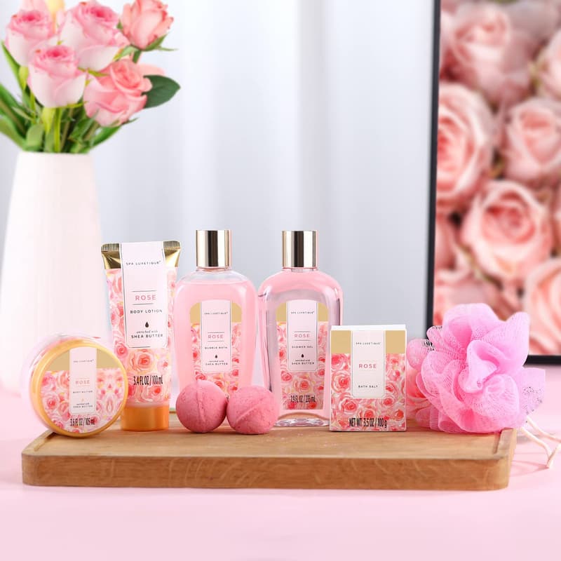 Birthday Spa Gift Set for Women - 8-Pcs Rose Bath Basket