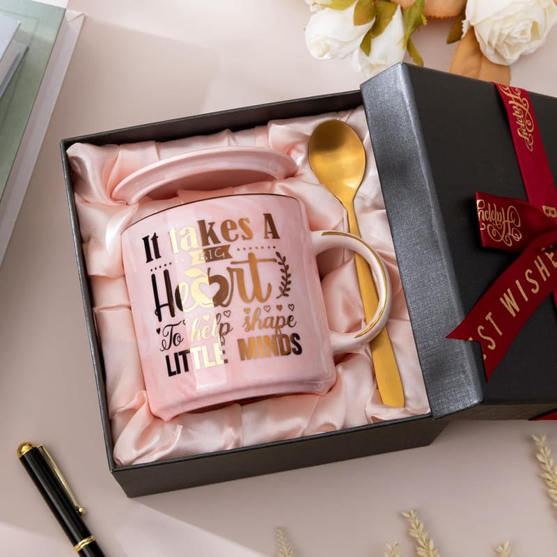 Teacher Appreciation Mug - 14oz Pink Marble Ceramic with Gold Print
