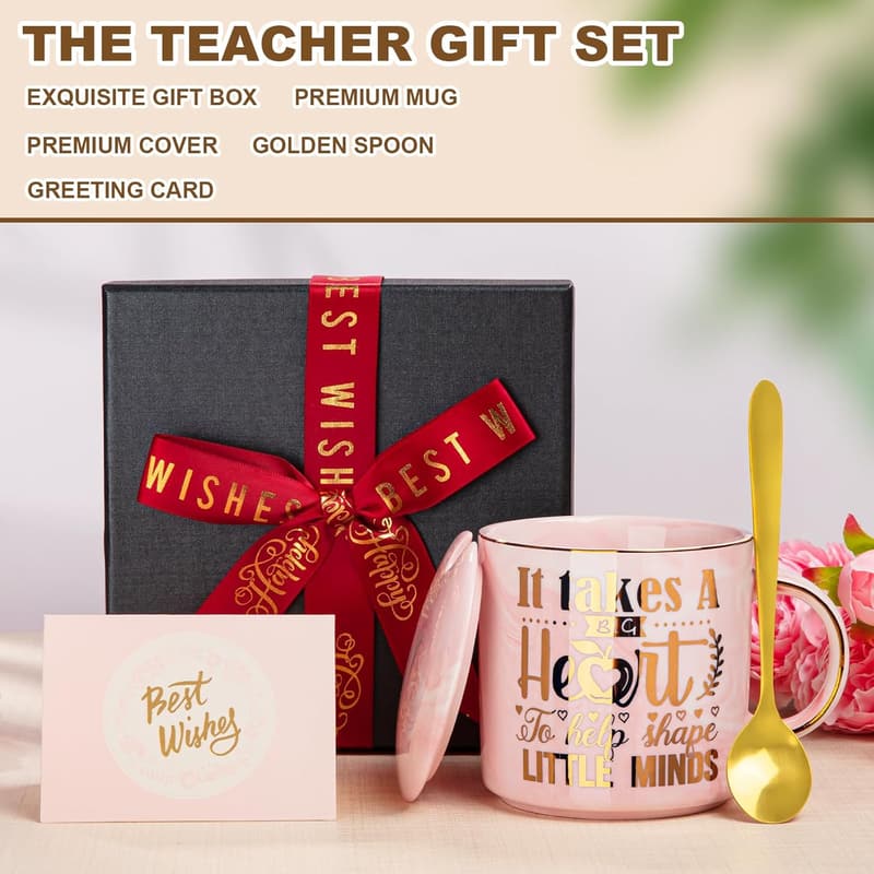 Teacher Appreciation Mug - 14oz Pink Marble Ceramic with Gold Print