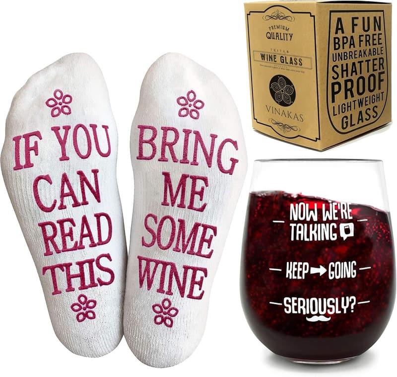 Mother's Day Wine Gift Set - 16 oz Unbreakable Glasses & Socks