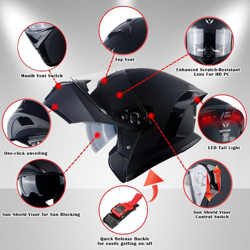 Modular Full Face Motorcycle Helmet with LED Tail Light - Matt Black