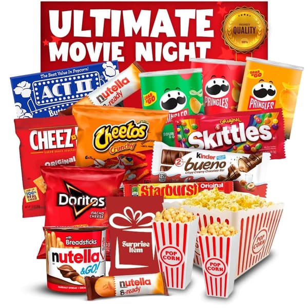 Movie Night Snack Gift Basket - 17 Items & Popcorn Tub