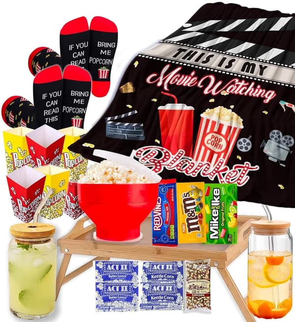 Movie Night Gift Basket for Couples - Snacks & Blanket Set