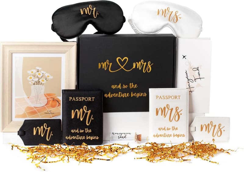 Honeymoon Travel Gift Set for Couples with Embroidered Passport Covers