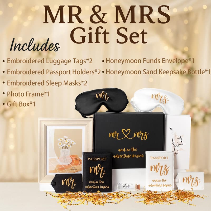 Honeymoon Travel Gift Set for Couples with Embroidered Passport Covers