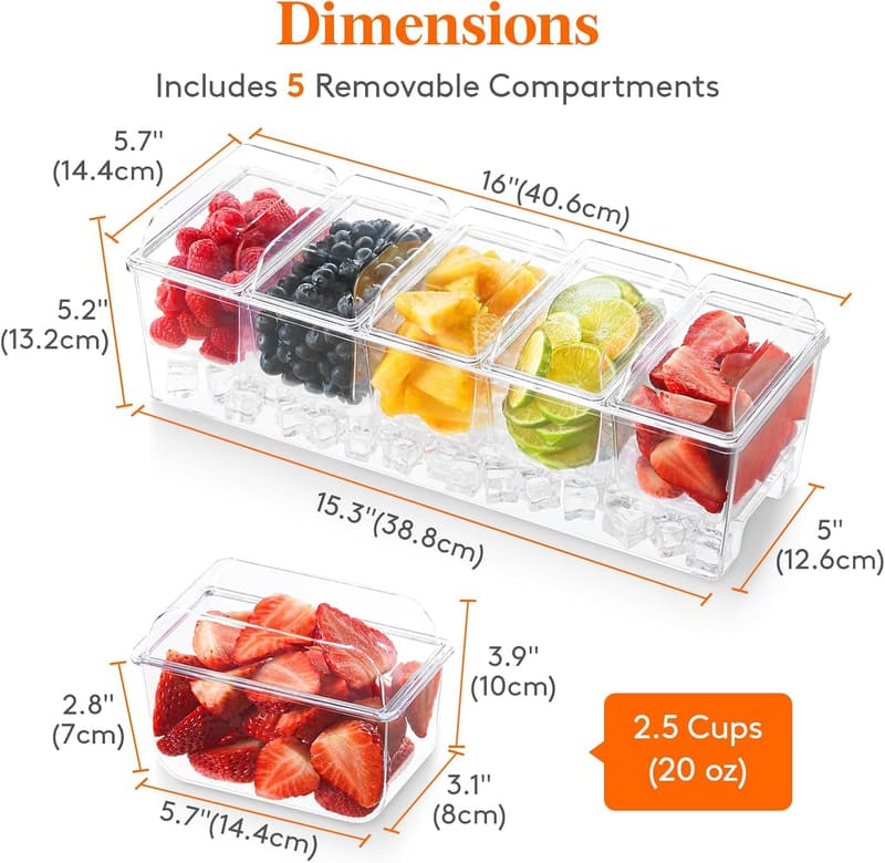 Condiment Server Caddy with 5 Removable Containers for Parties