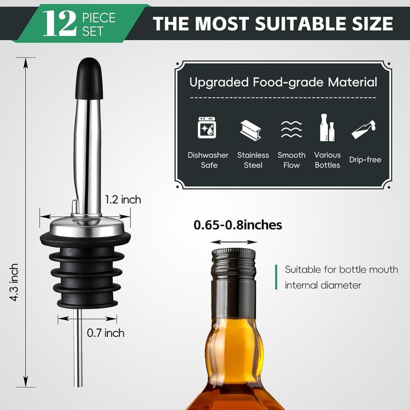 Stainless Steel Bottle Pourers with Dust Caps - 12 Pack