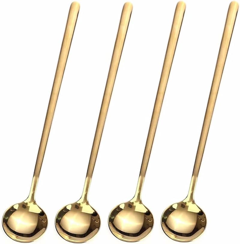 Gold Stainless Steel Long Handle Spoons for Coffee & Tea - 4 PCS