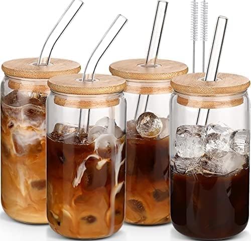 16oz Reusable Glass Tumblers Set with Lids & Straws (4 pcs)