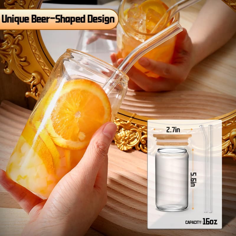 16oz Reusable Glass Tumblers Set with Lids & Straws (4 pcs)